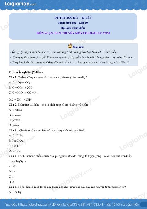 Đề thi học kì 2 Hóa 10 Cánh diều - Đề 3